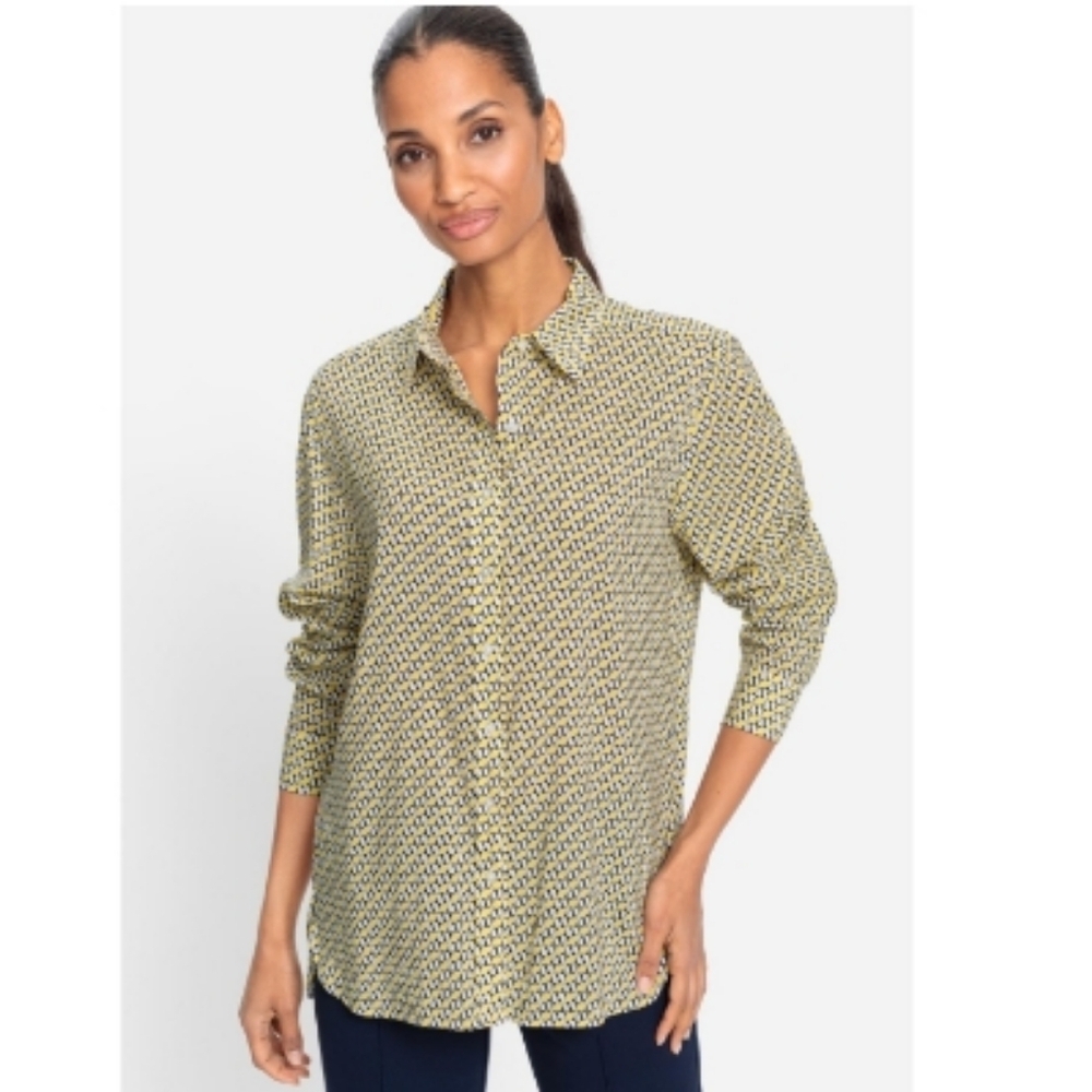 Olsen Women's All Over Geo Print Button-Up Shirt Size Large NWT Sun Yellow
